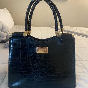 Black Satchel with Braided Handles and Gold Hardware